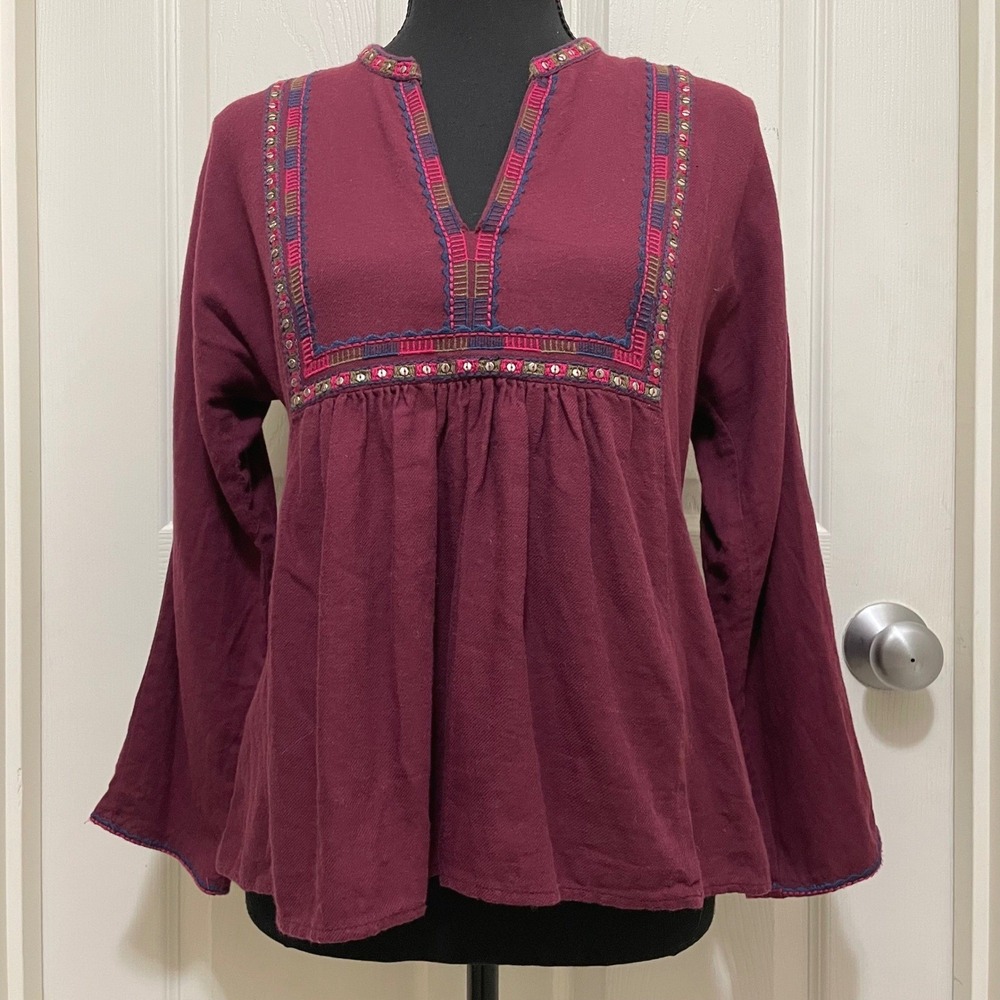 Madewell‎ Burgundy Embroidered Sequin Top Cotton Wool Blend Peasant Bohemian S